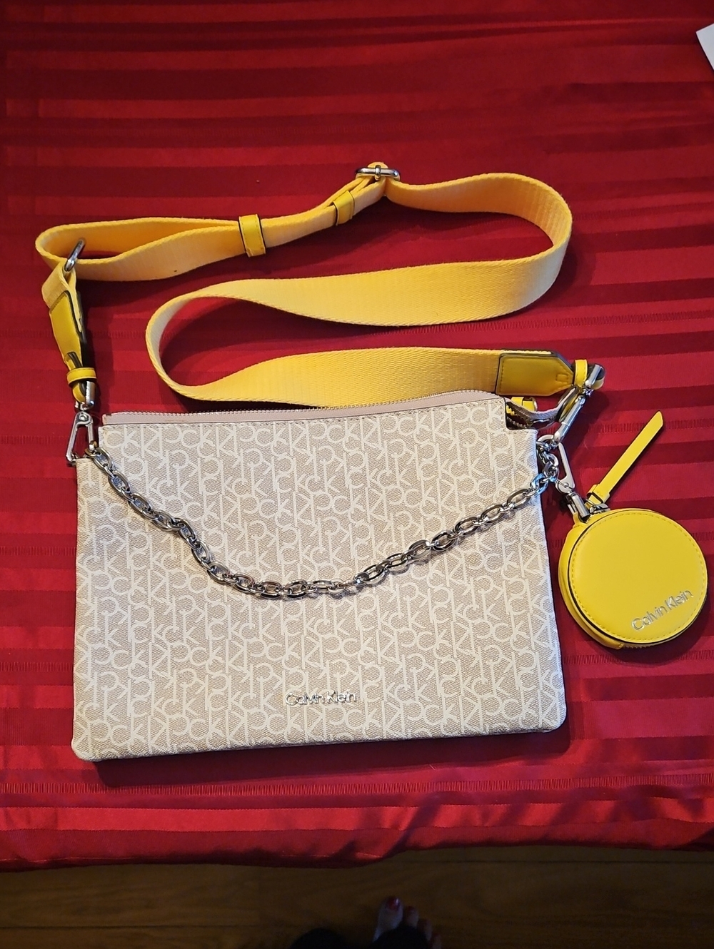 Calvin Klein Cream Signature Crossbody with Yellow Strap and Coin Pouch
